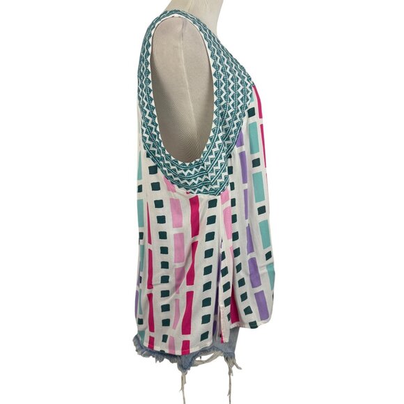 Savanna Jane Top Womens 2X Sleeveless Multicolor Geometric Print Top Embroidered - Picture 5 of 11